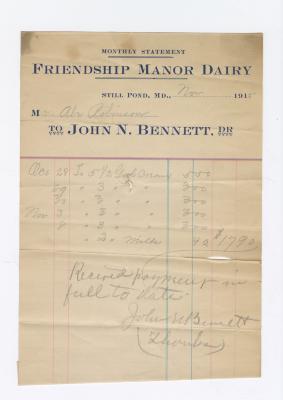 Friendship Manor Dairy monthly statement, 1915 November