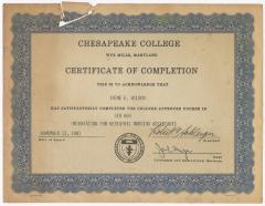 Chesapeake College Certificate of Completion for Irene E. Wilson