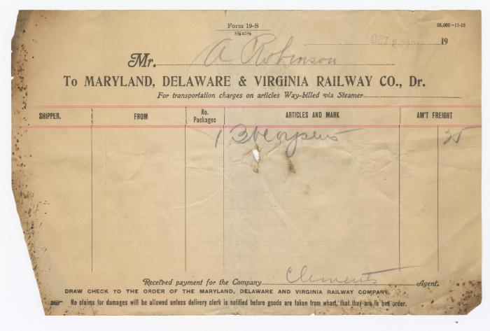 Abraham Robinson shipping bill, 1912 October 27