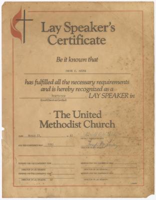 Lay Speaker's Certificate, Irene E. Moore