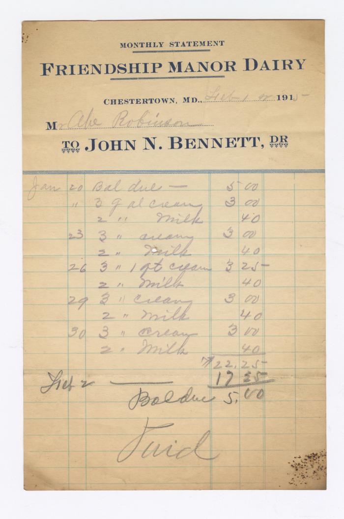 Friendship Manor Dairy monthly statement, 1915 February 1
