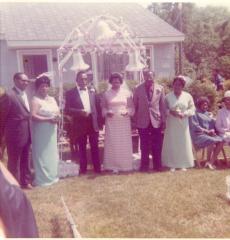 Three couples in front of the wedding arch
