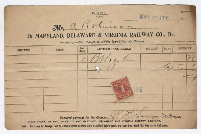Abraham Robinson shipping bill, 1916 March 21
