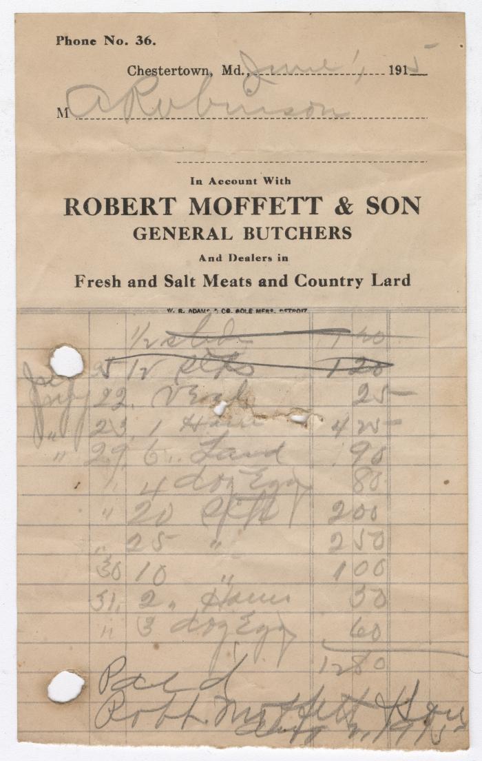 Moffett and Son butcher bill, 1915 June 1