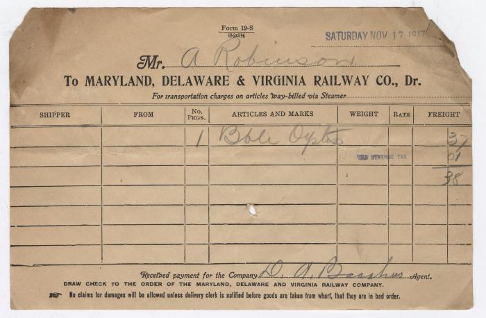 Abraham Robinson shipping bill, 1917 November 17