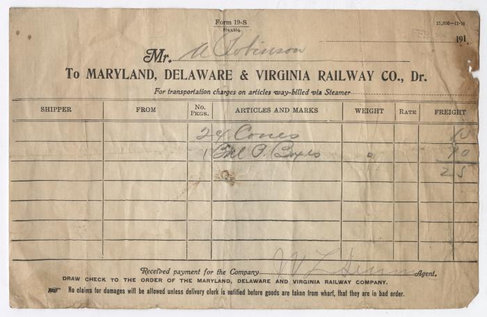 Abraham Robinson shipping bill, circa 1910 February