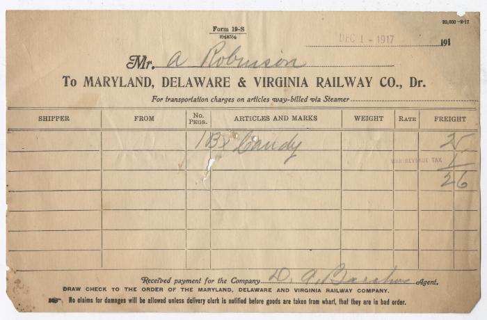 Abraham Robinson shipping bill, 1917 December 1