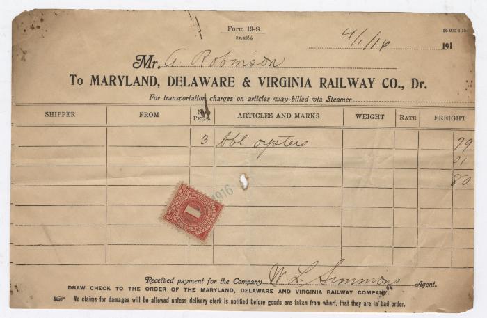 Abraham Robinson shipping bill, 1916 April 1