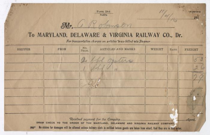 Abraham Robinson shipping bill, 1916 November 4