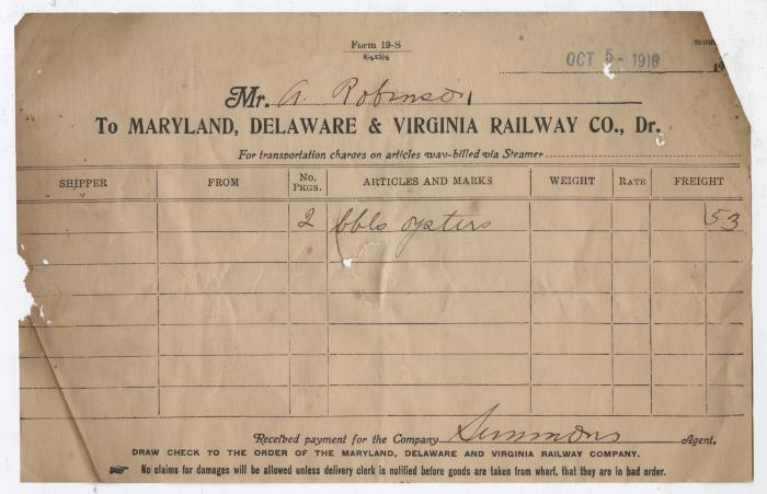 Abraham Robinson shipping bill, 1916 October 5