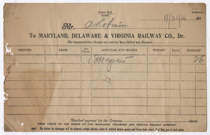 Abraham Robinson shipping bill, 1916 November 30