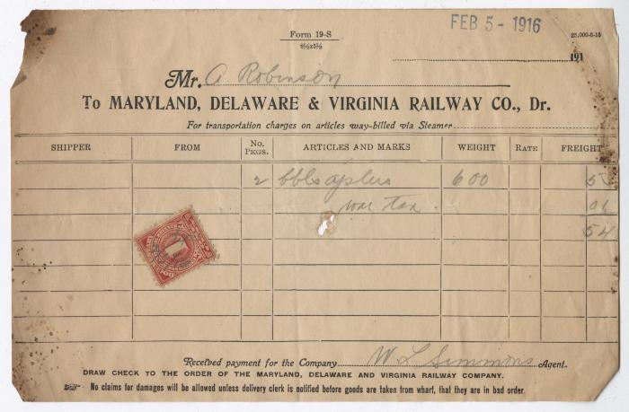 Abraham Robinson shipping bill, 1916 February 5