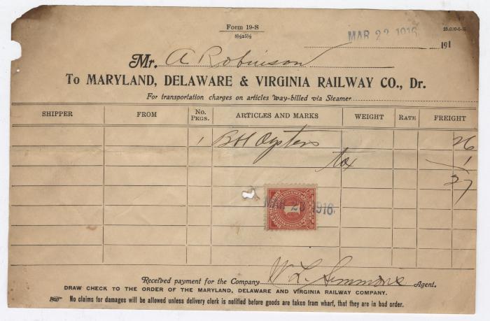 Abraham Robinson shipping bill, 1916 March 23