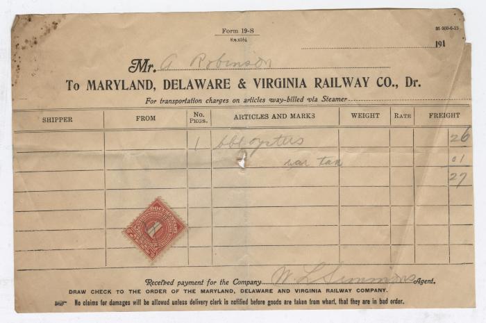 Abraham Robinson shipping bill, circa 1910