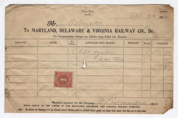 Abraham Robinson shipping bill, 1916 February 22