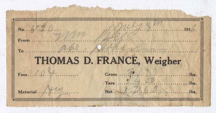 Thomas D. France weighing bill, 1916 July 8