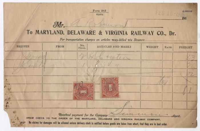 Abraham Robinson shipping bill, 1916 February 10