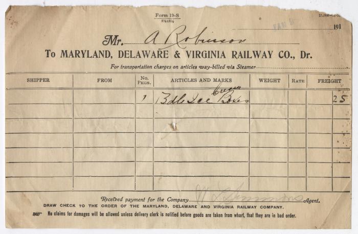Abraham Robinson shipping bill, circa 1910 January 9