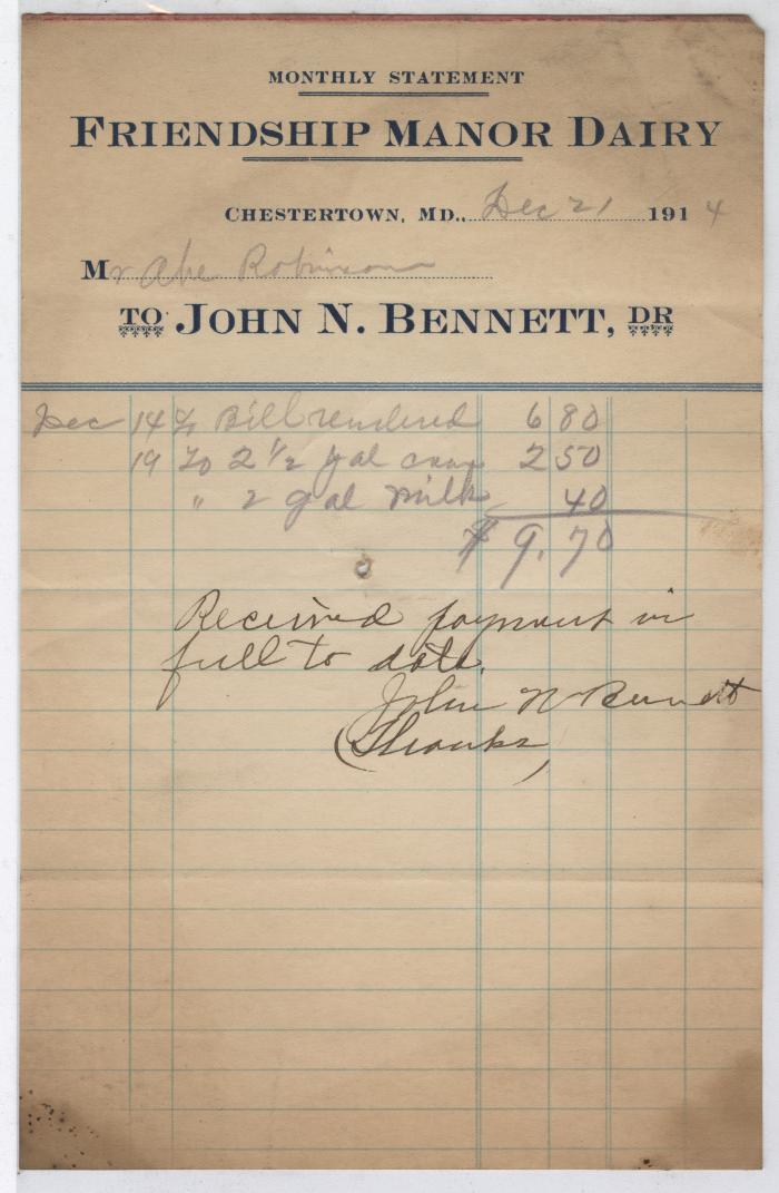 Friendship Manor Dairy monthly statement, 1914 December 21