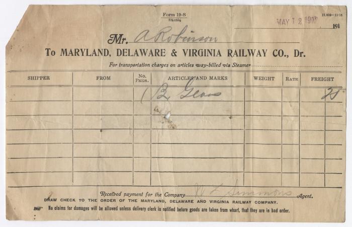 Abraham Robinson shipping bill, 1917 May 12