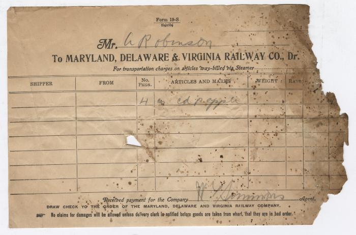 Abraham Robinson shipping bill, circa 1910 June