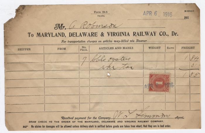 Abraham Robinson shipping bill, 1916 April 6