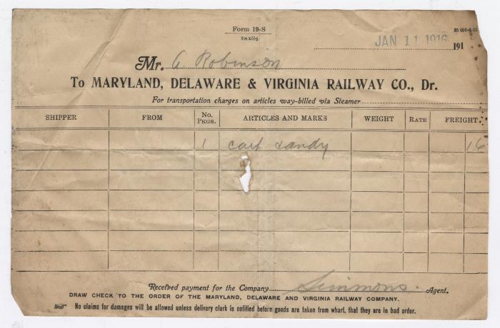 Abraham Robinson shipping bill, 1916 January 11