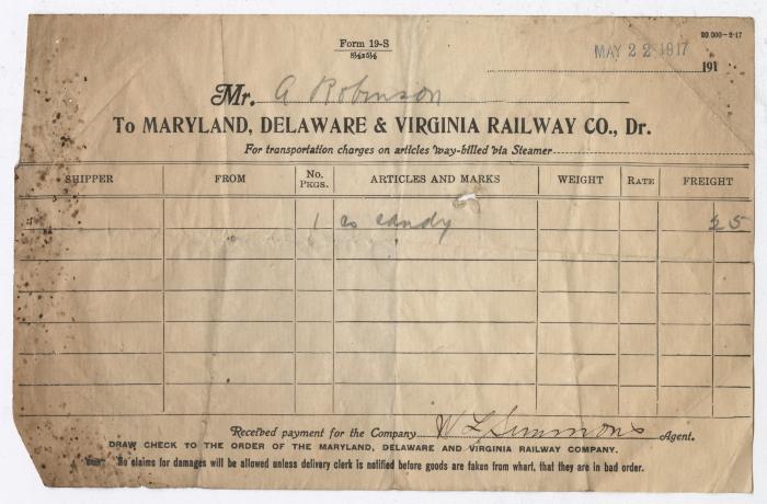 Abraham Robinson shipping bill, 1917 May 22