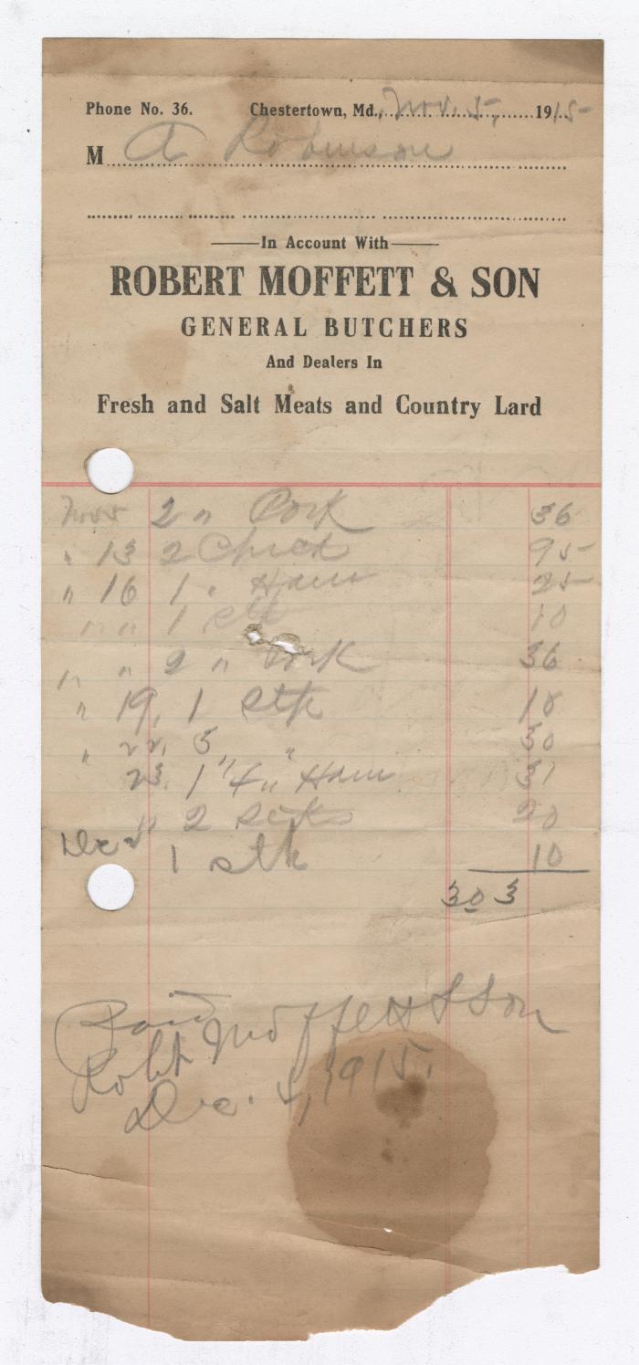 Moffett and Son butcher bill, 1915 November 5