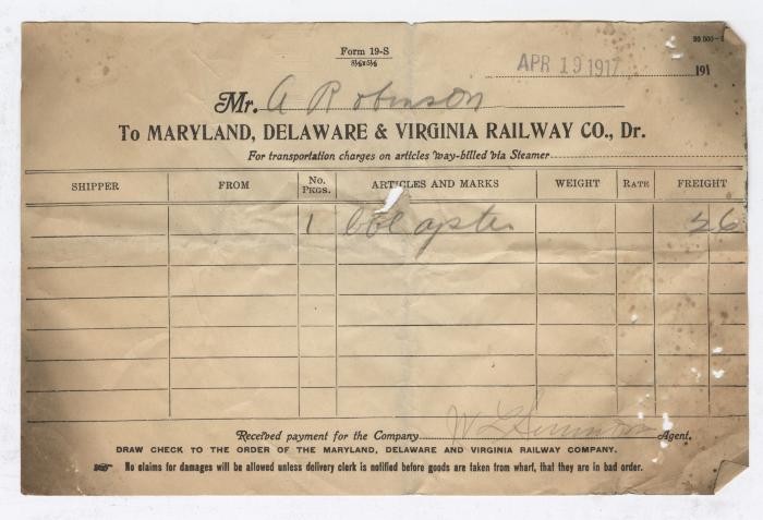 Abraham Robinson shipping bill, 1917 April 19