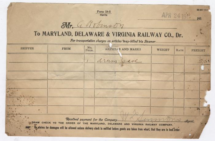 Abraham Robinson shipping bill, 1917 April 24
