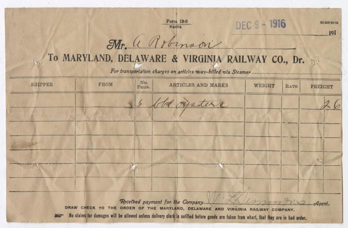 Abraham Robinson shipping bill, 1916 December 9