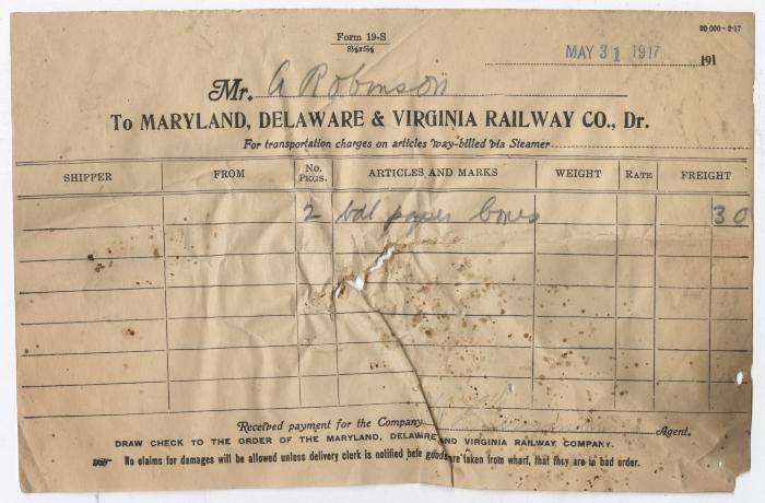 Abraham Robinson shipping bill, 1917 May 31