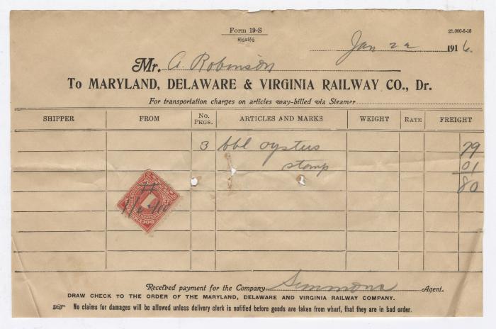 Abraham Robinson shipping bill, 1916 January 22