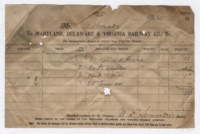 Abraham Robinson shipping bill, 1916 July 15