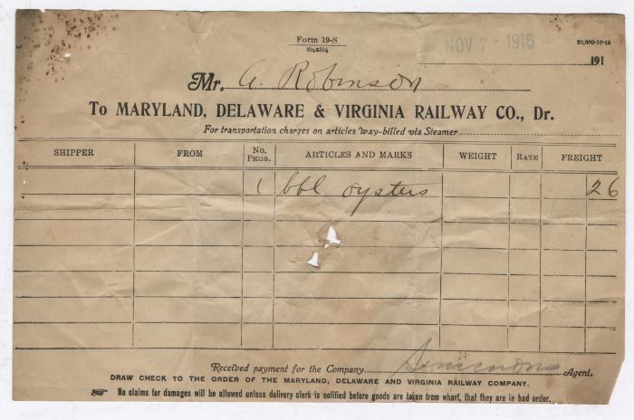 Abraham Robinson shipping bill, 1916 November 7