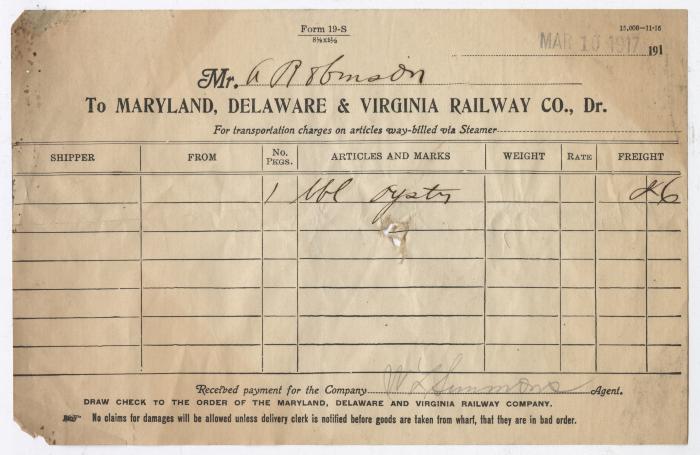 Abraham Robinson shipping bill, 1917 March 10