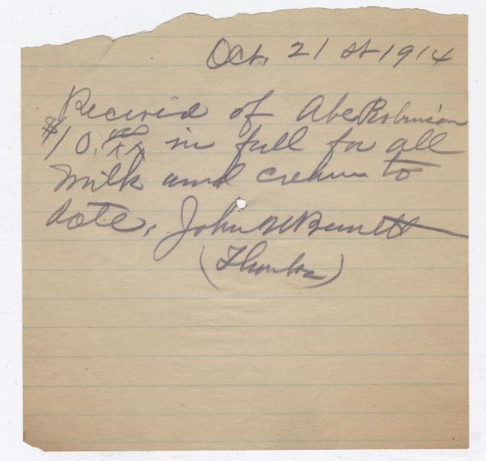 John Bennett receipt to Abraham Robinson, 1914 October 21
