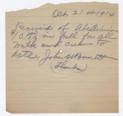 John Bennett receipt to Abraham Robinson, 1914 October 21