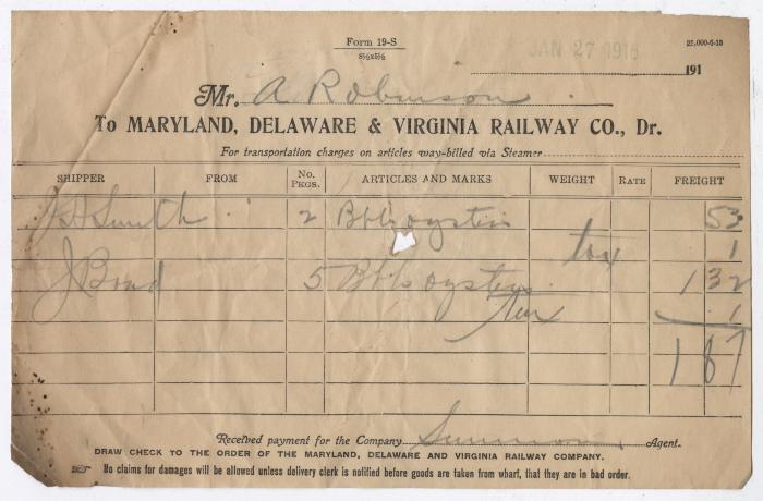 Abraham Robinson shipping bill, 1916 January 27