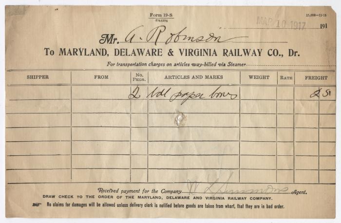 Abraham Robinson shipping bill, 1917 March 10