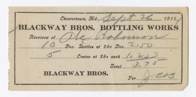 Blackway Brothers Bottling receipt, 1914 September 26