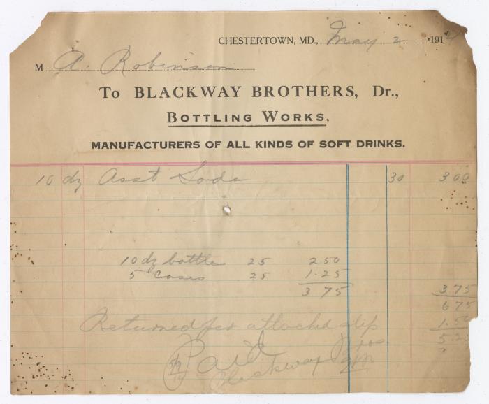 Blackway Brothers Bottling receipt, 1914 May 2