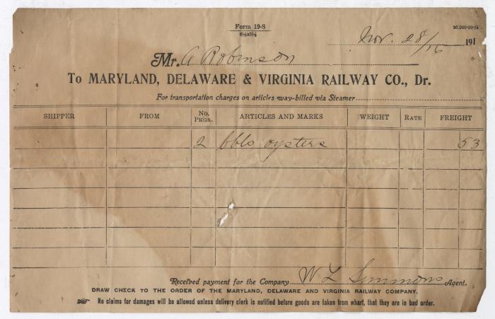 Abraham Robinson shipping bill, 1916 November 28