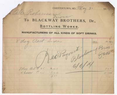 Blackway Brothers Bottling receipt, 1914 May 30