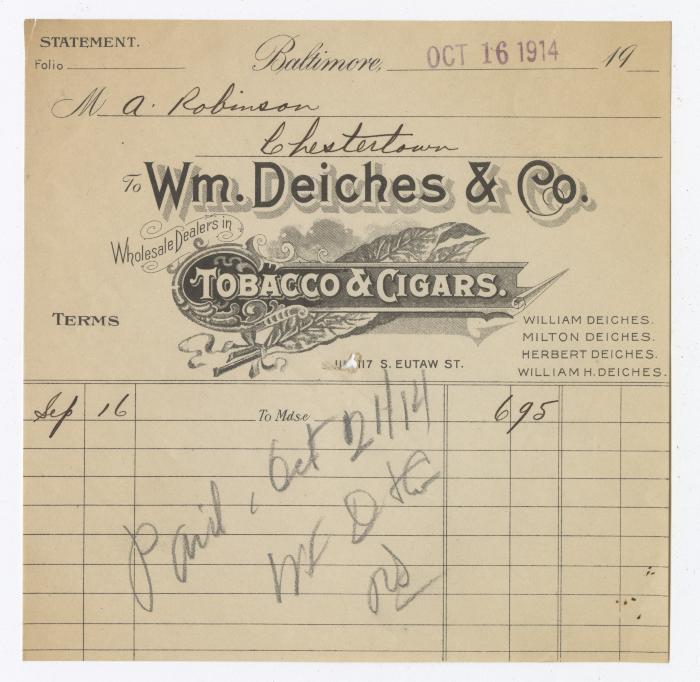 Wm. Deiches Tobacco receipt, 1914 October 16