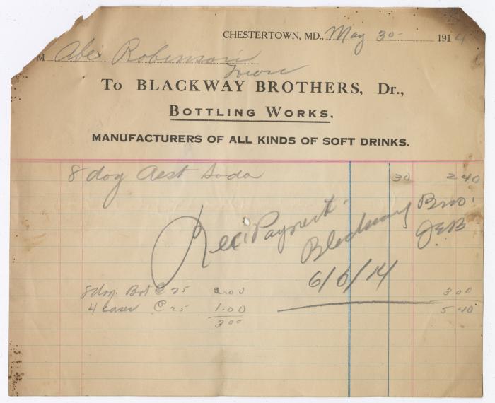 Blackway Brothers Bottling receipt, 1914 May 30