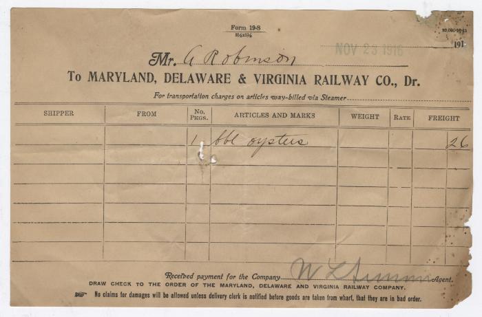 Abraham Robinson shipping bill, 1916 November 23