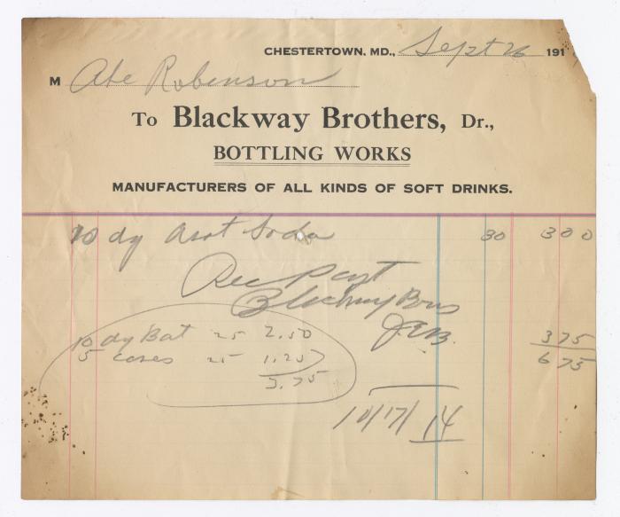 Blackway Brothers Bottling receipt, 1914 September 26