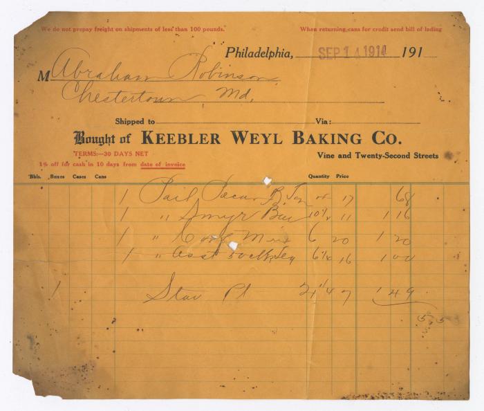 Keebler Weyl Baking Co. receipt, 1914 September 14